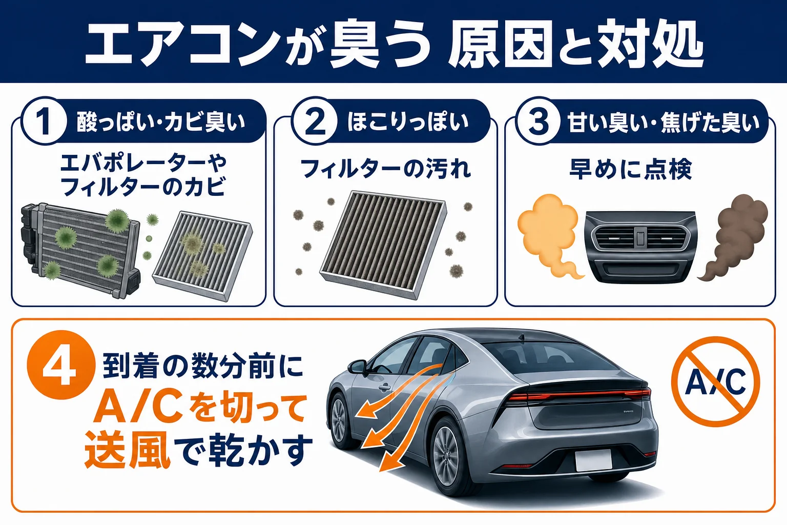 プリウスのエアコンが臭う原因と対処の図解
