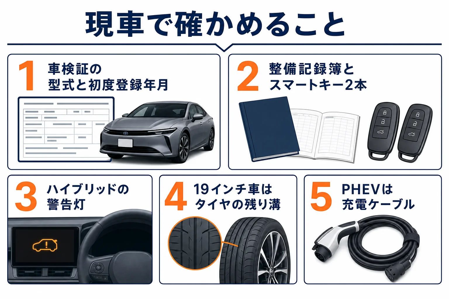 プリウスの中古車を買う前に現車で確かめる項目のチェックリストの図解