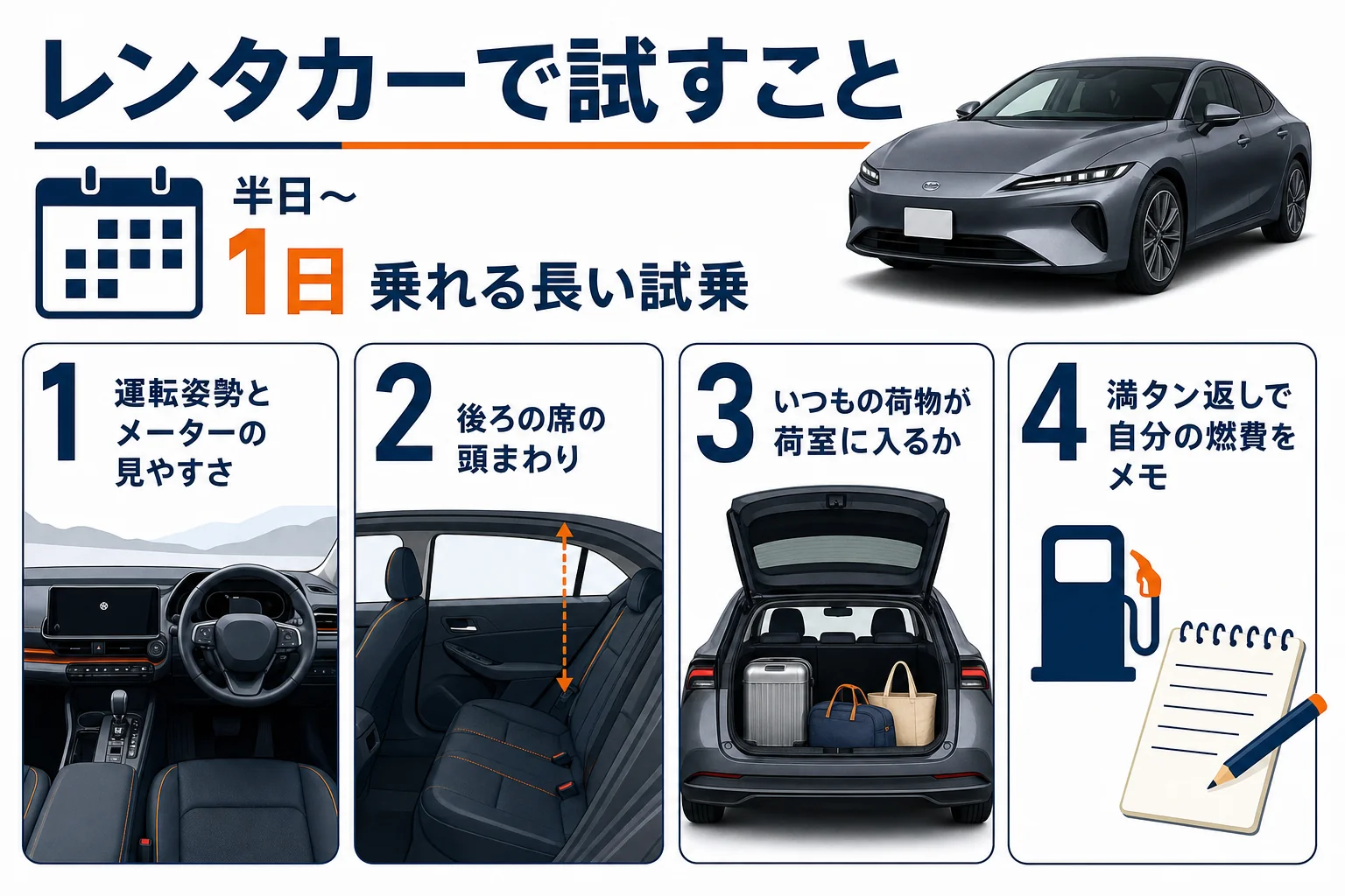 プリウスをレンタカーで購入前の試乗代わりに使う時のチェック項目を示した図解