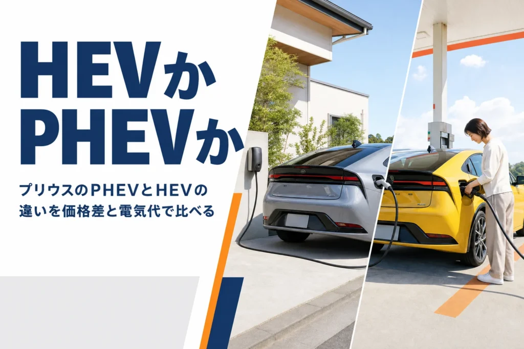 プリウスのHEVとPHEVの違いと損得を比べる記事のアイキャッチ