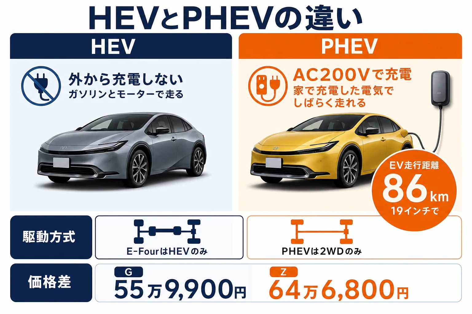 プリウスのHEVとPHEVの仕組みと違いを並べた図解