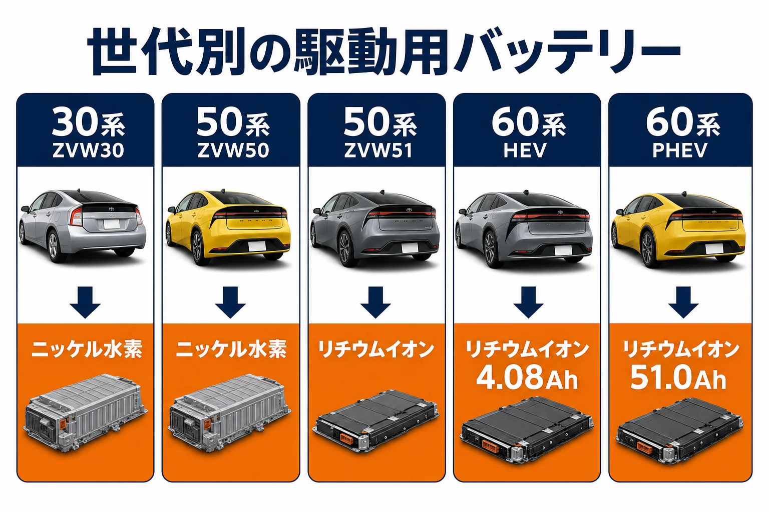 プリウスの世代別の駆動用バッテリーの種類の図解
