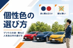 赤・ダークブルー・マスタードのプリウスを並べたアイキャッチ
