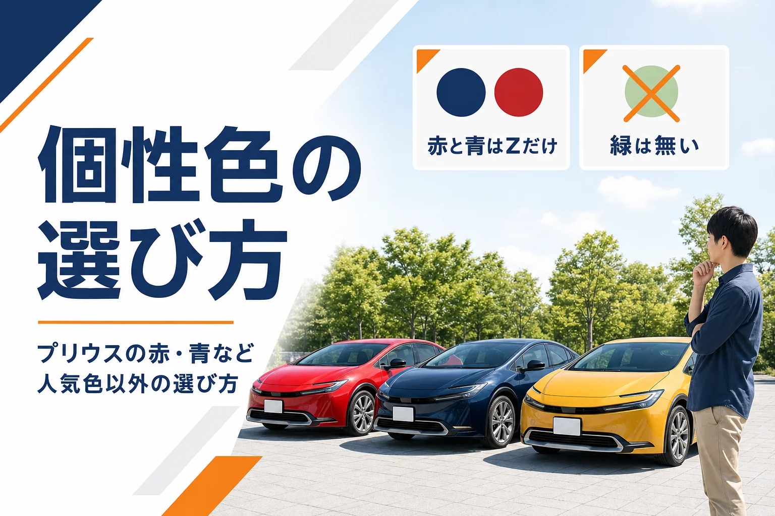 赤・ダークブルー・マスタードのプリウスを並べたアイキャッチ