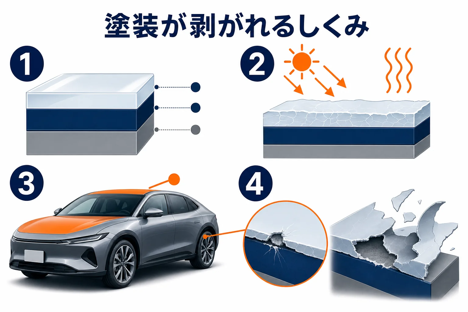 塗装の層とクリア層が剥がれるしくみを示した図解