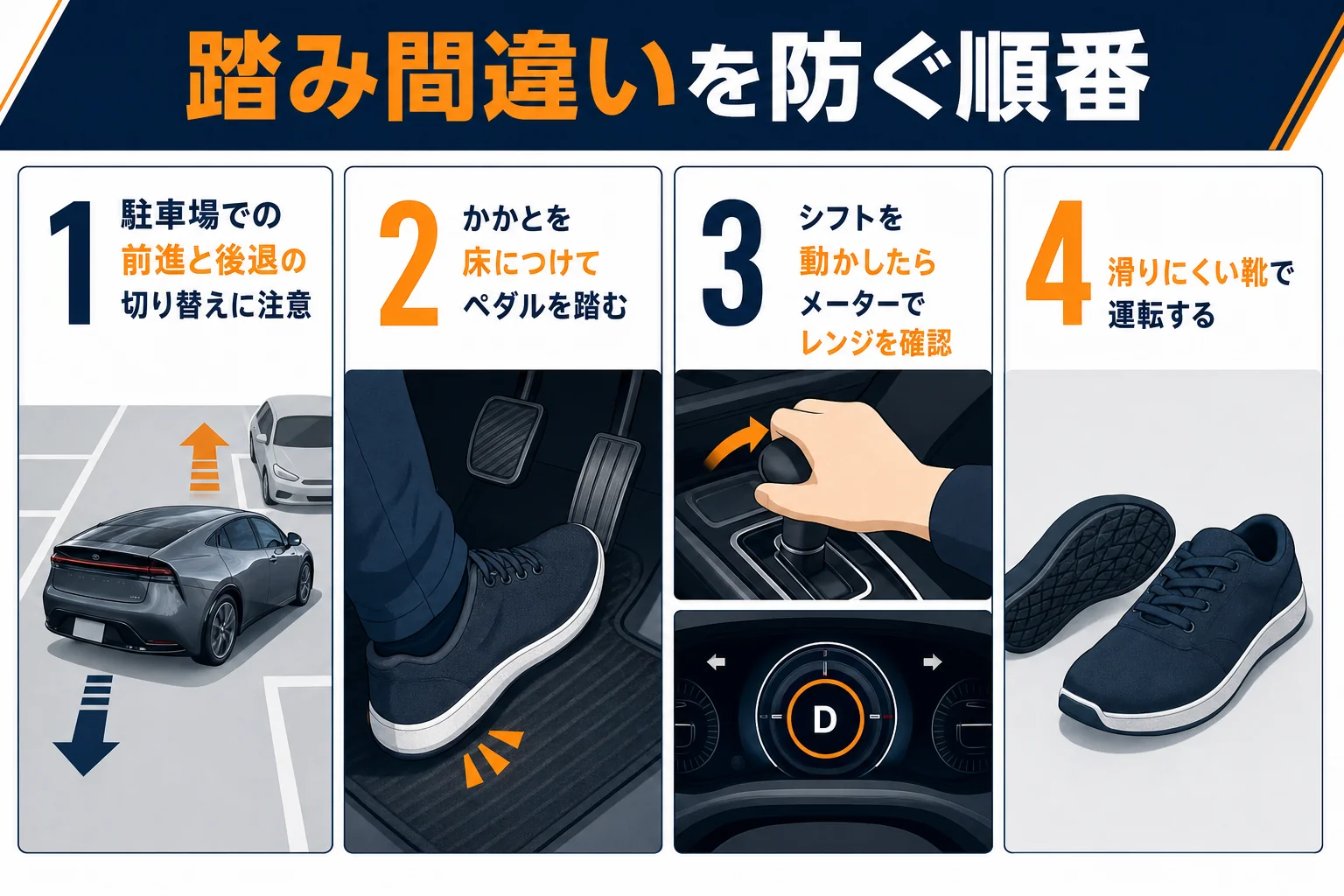 プリウスで踏み間違いが起きやすい場面と防ぐ操作の順番を示した図解