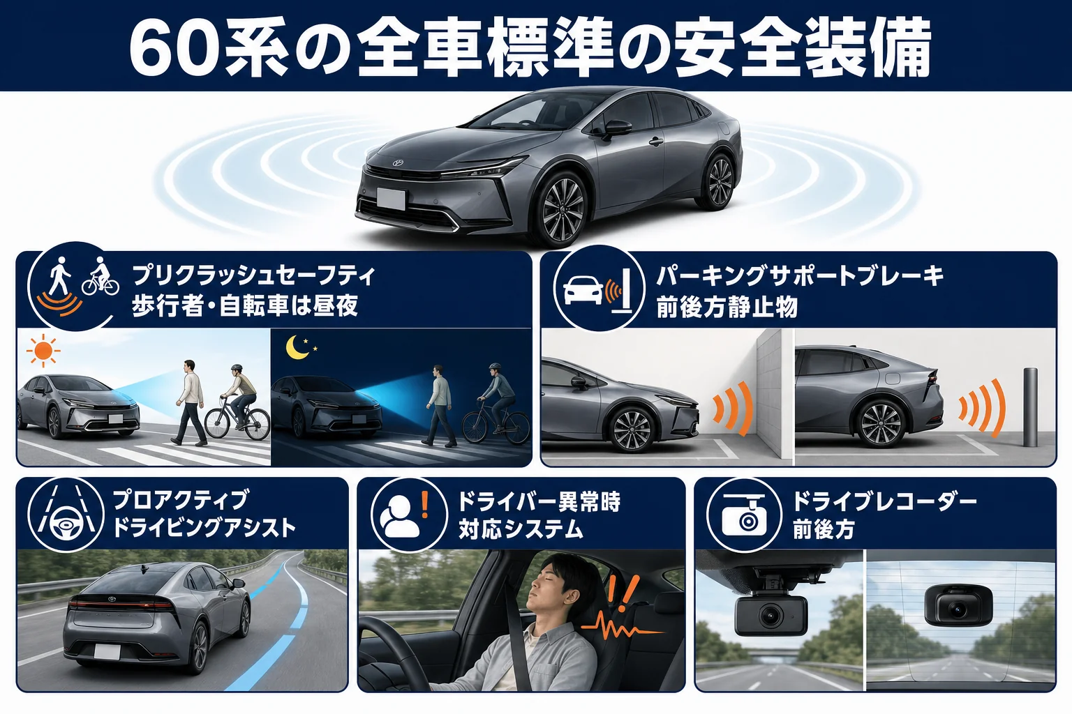 5代目プリウスに全車標準で付いている安全装備をまとめた図解