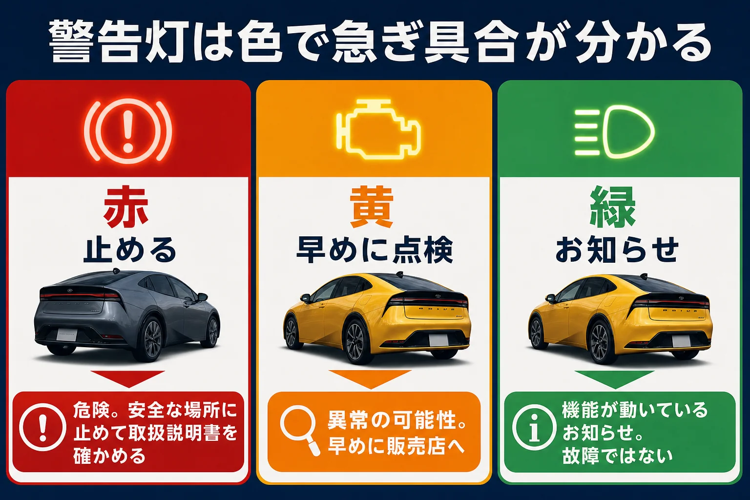 プリウスの警告灯を色で見分ける図解