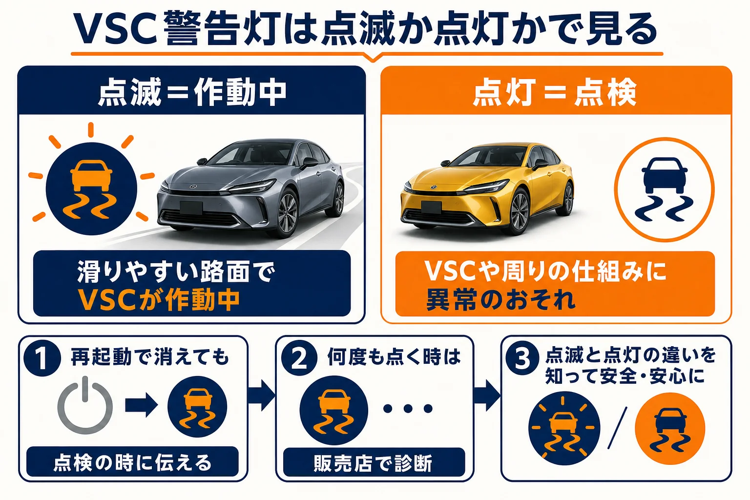 プリウスのVSC警告灯が点滅した時と点灯した時の違いの図解