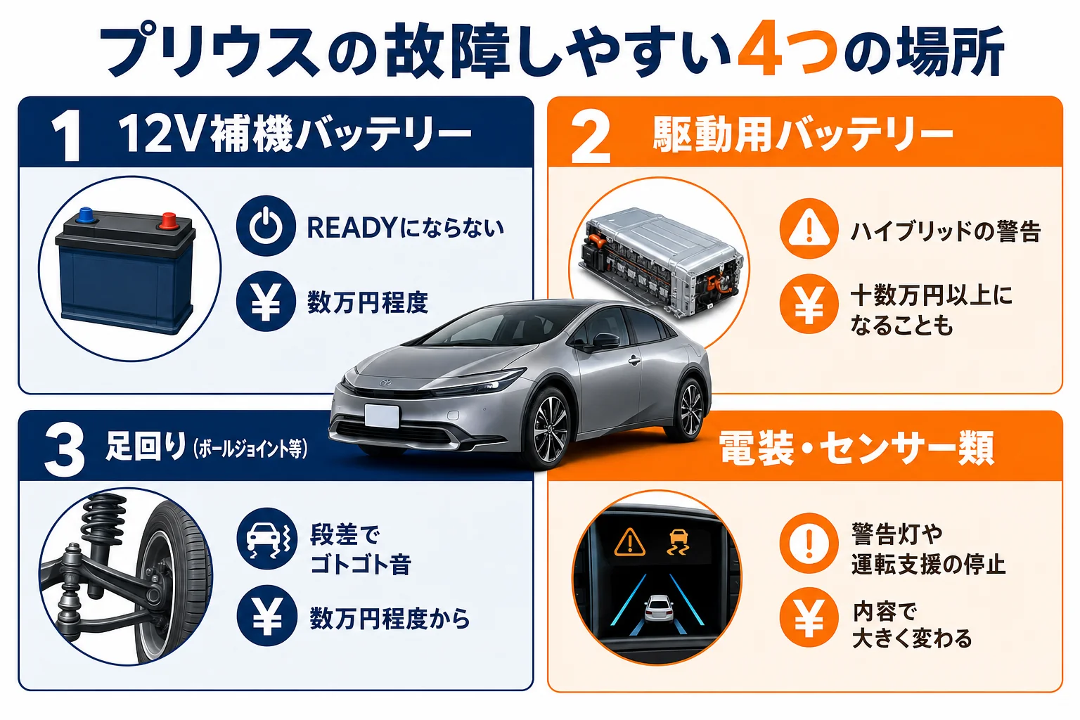 プリウスの故障しやすい箇所と修理費の目安をまとめた図解