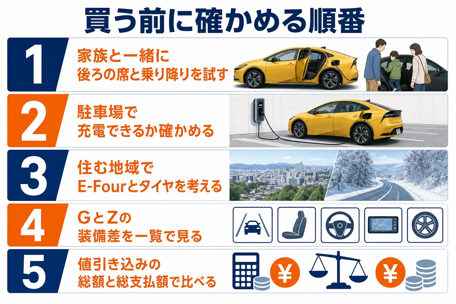 プリウスで後悔しないために買う前に確かめる順番を示した図解