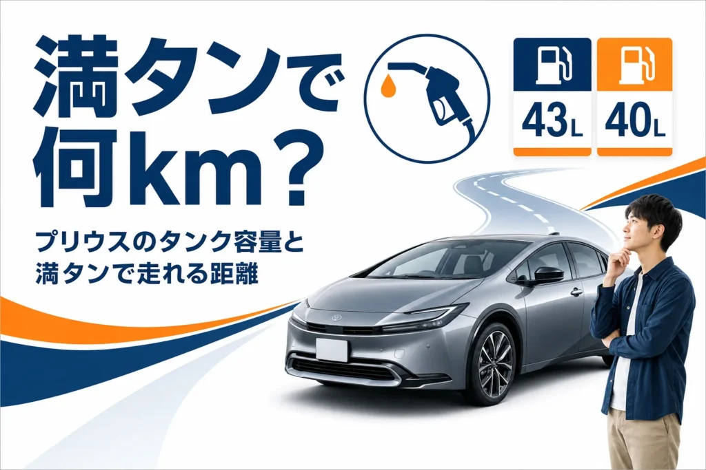 プリウスの燃料タンク容量と満タンで走れる距離を示したアイキャッチ