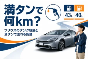 プリウスの燃料タンク容量と満タンで走れる距離を示したアイキャッチ