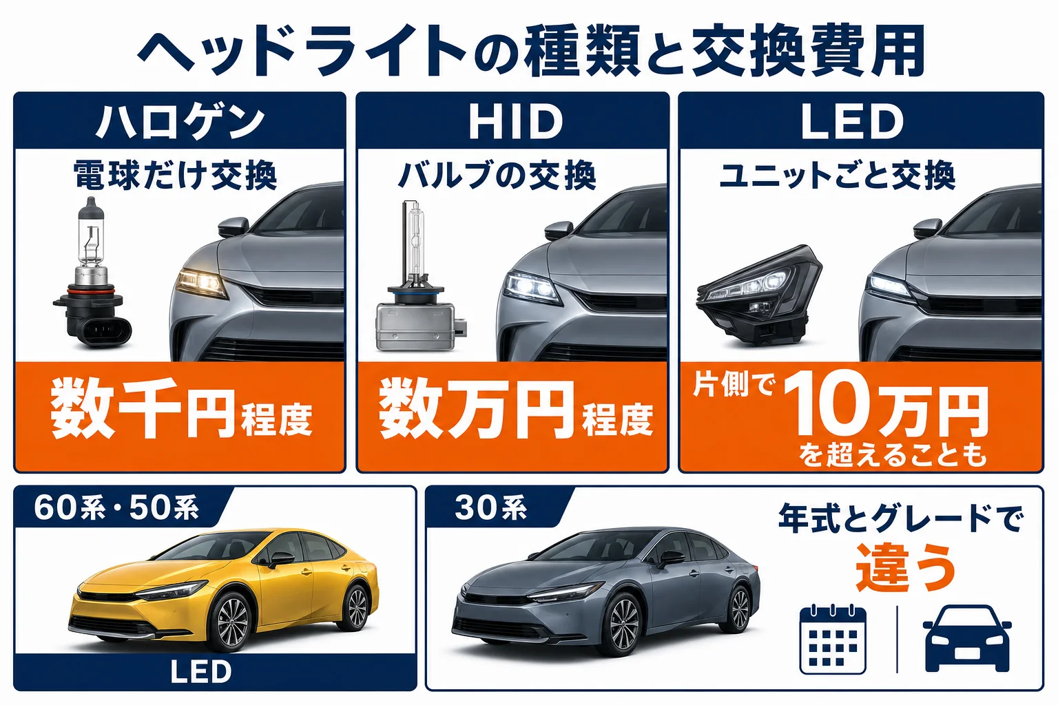 プリウスのヘッドライトの種類と交換方法の違いの図解