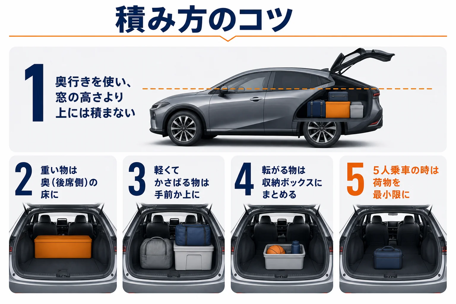プリウスの荷室で重い物を奥、軽い物を手前に積む積み方のコツを示した図解