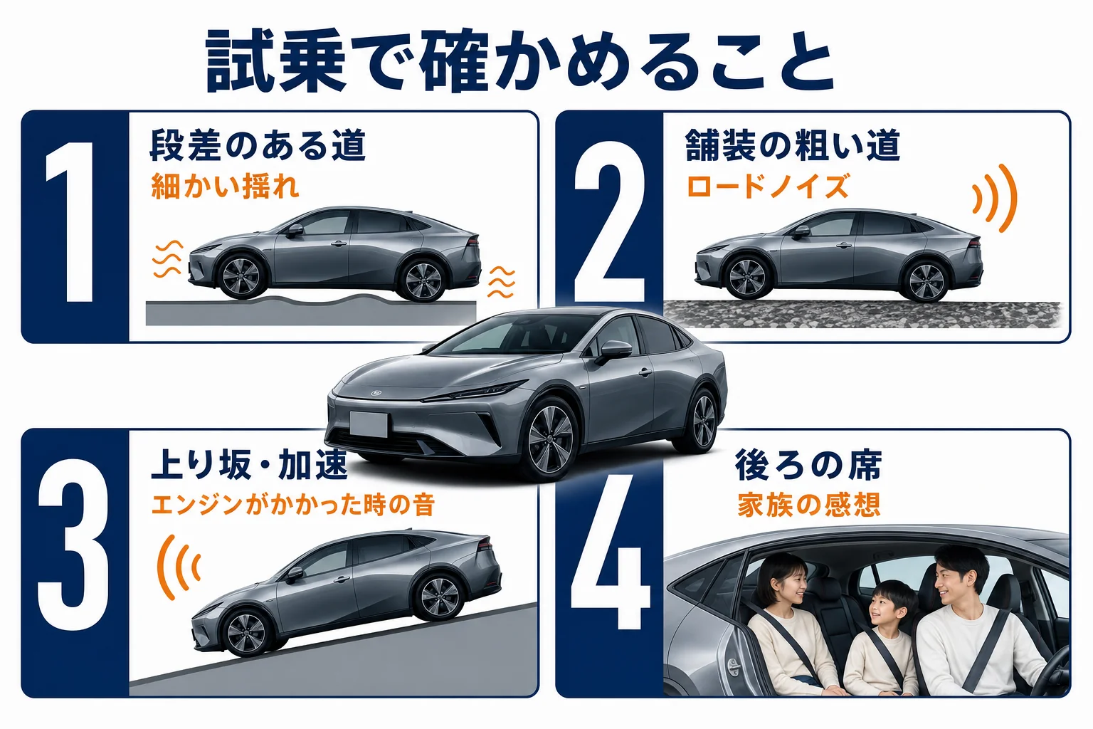 プリウスの試乗で乗り心地と静かさを確かめるポイントを並べた図解