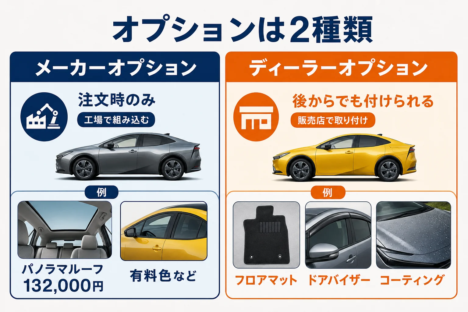 プリウスのメーカーオプションとディーラーオプションの違いを示した図解