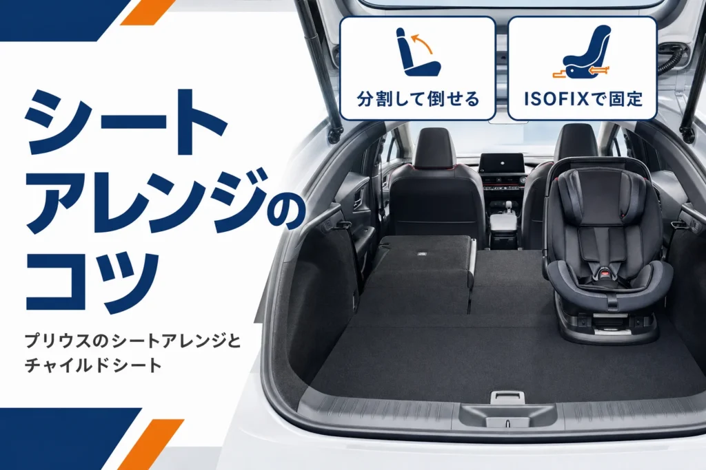 プリウスの後ろの席を片側倒した車内のアイキャッチ