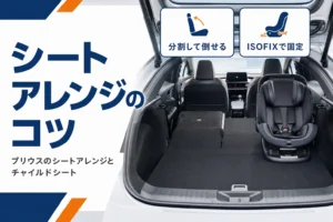 プリウスの後ろの席を片側倒した車内のアイキャッチ