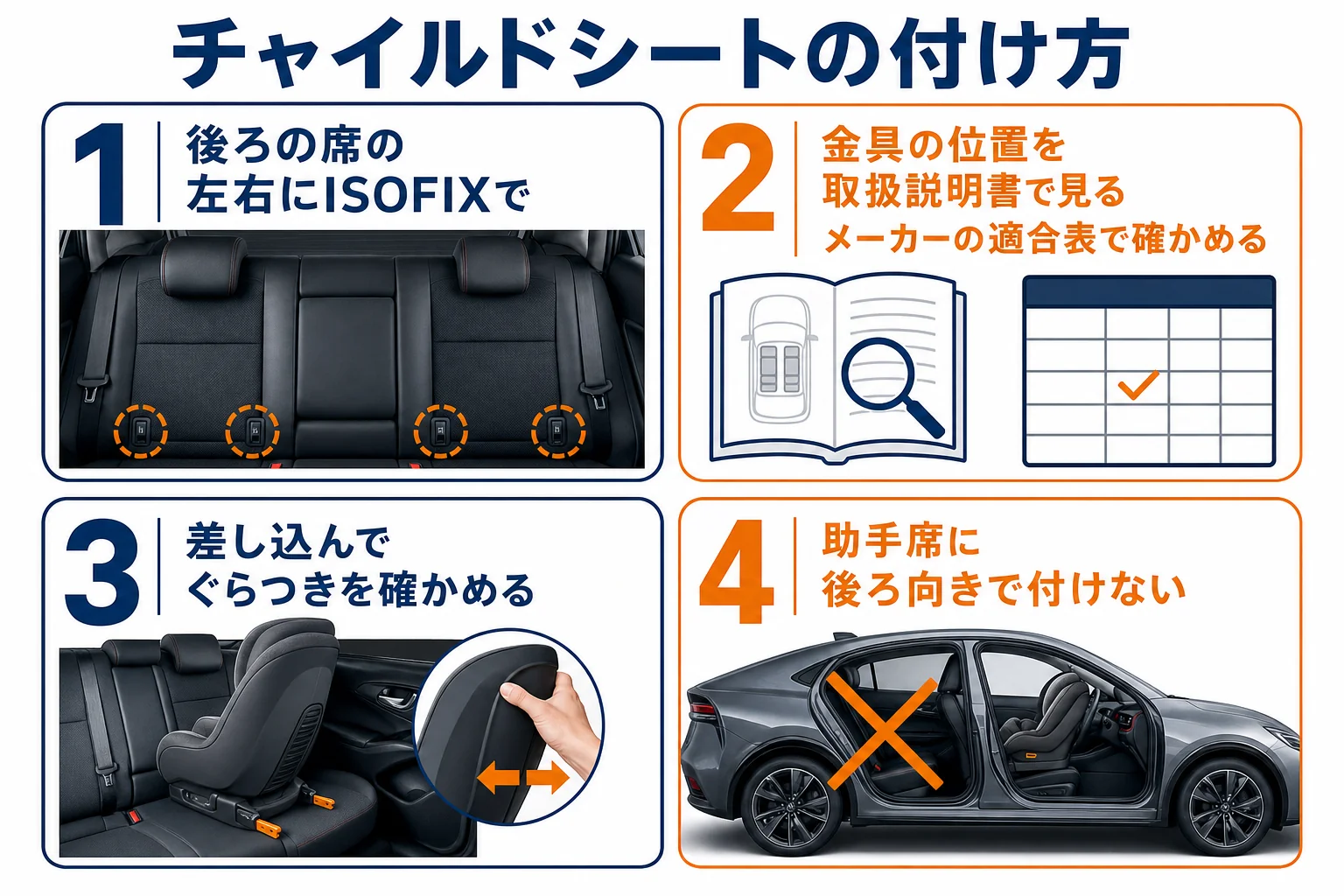 プリウスにチャイルドシートを付ける手順を示した図解