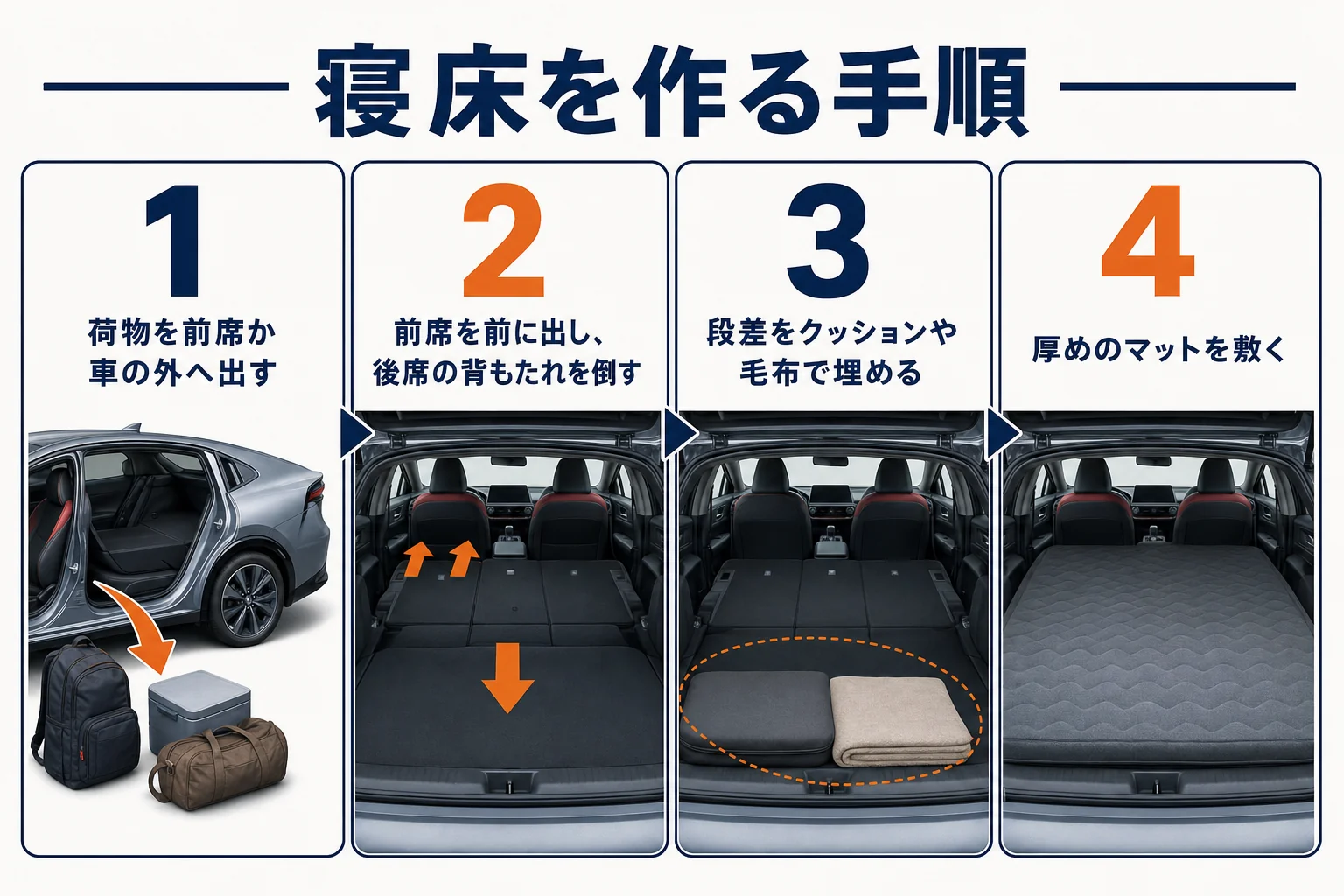 プリウスの後席を倒して段差を埋め、マットを敷いて寝床を作る手順の図解