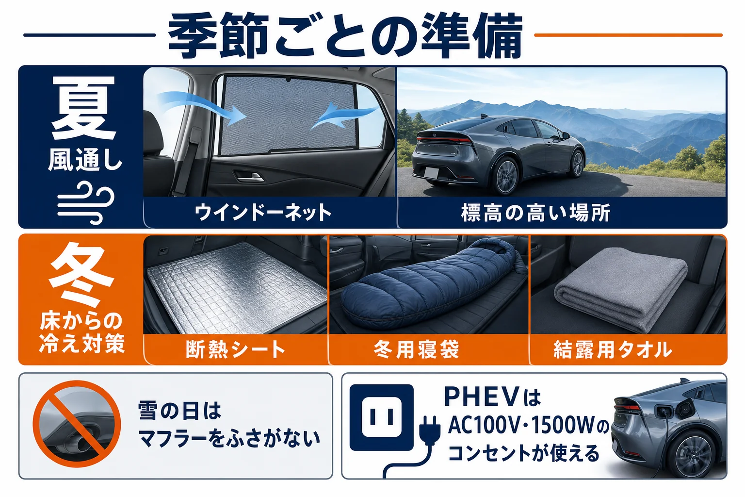 プリウスで車中泊をする時の夏と冬の準備を並べた図解