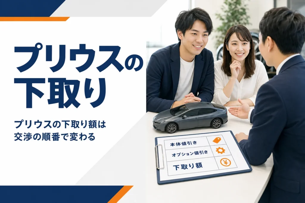 プリウスの下取り額と交渉の順番を示したアイキャッチ