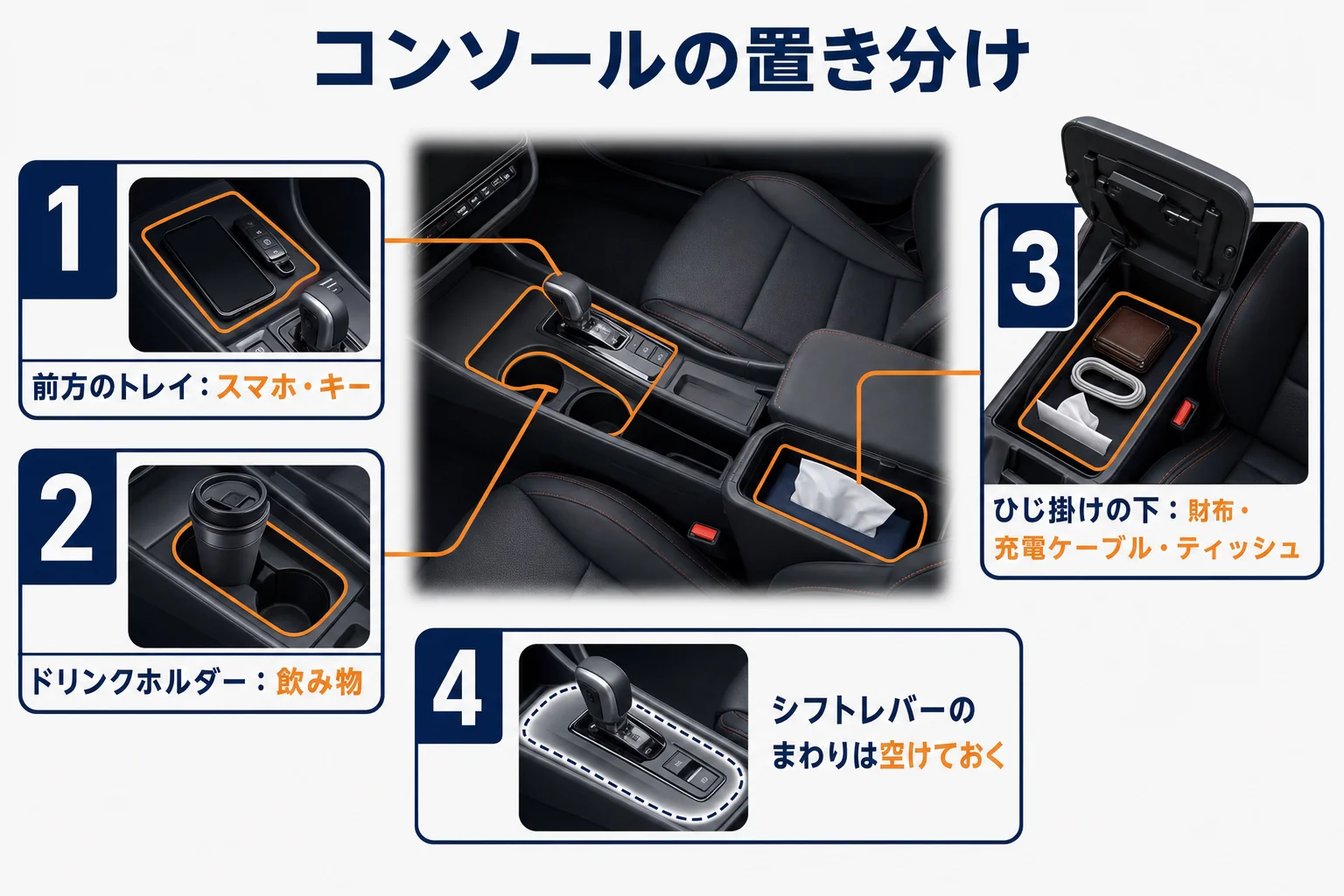 プリウスのセンターコンソールに置く物を手前とひじ掛け下に分けた図解
