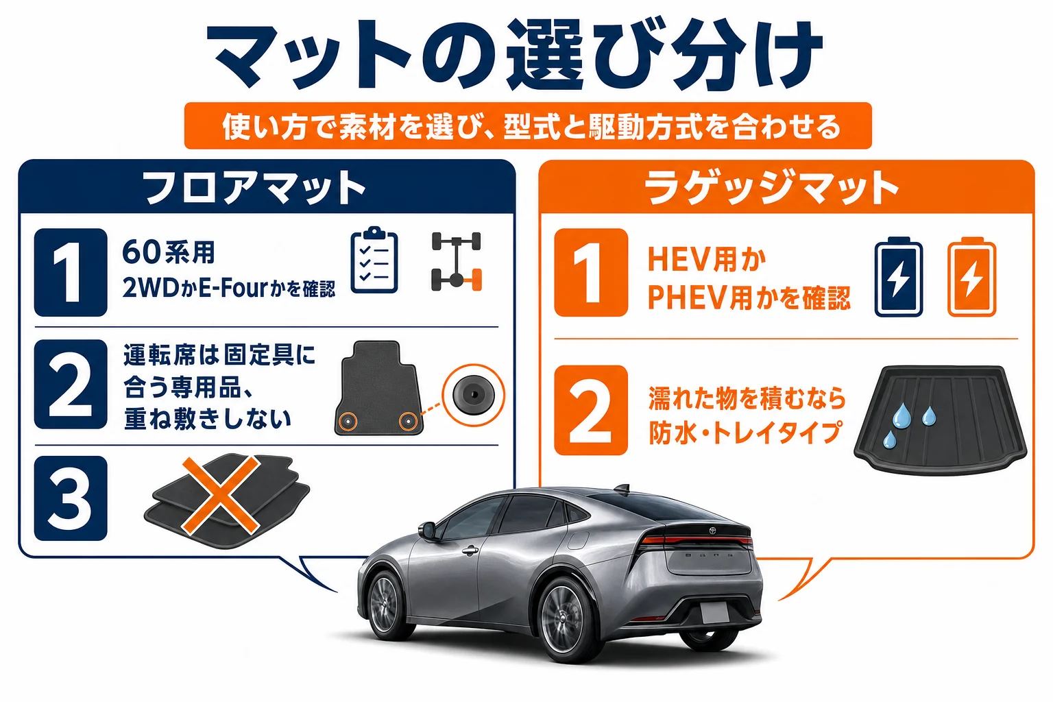 プリウスのフロアマットとラゲッジマットを使い方別に選ぶ時の違いを並べた図解