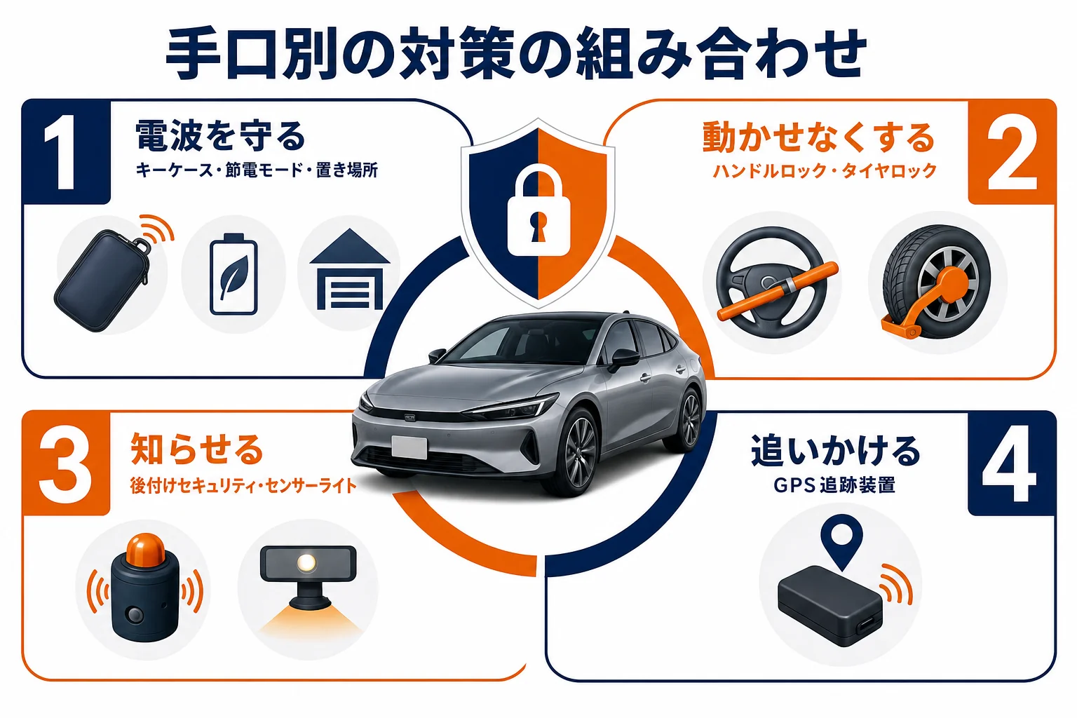 プリウスの盗難対策を手口別に組み合わせた図解