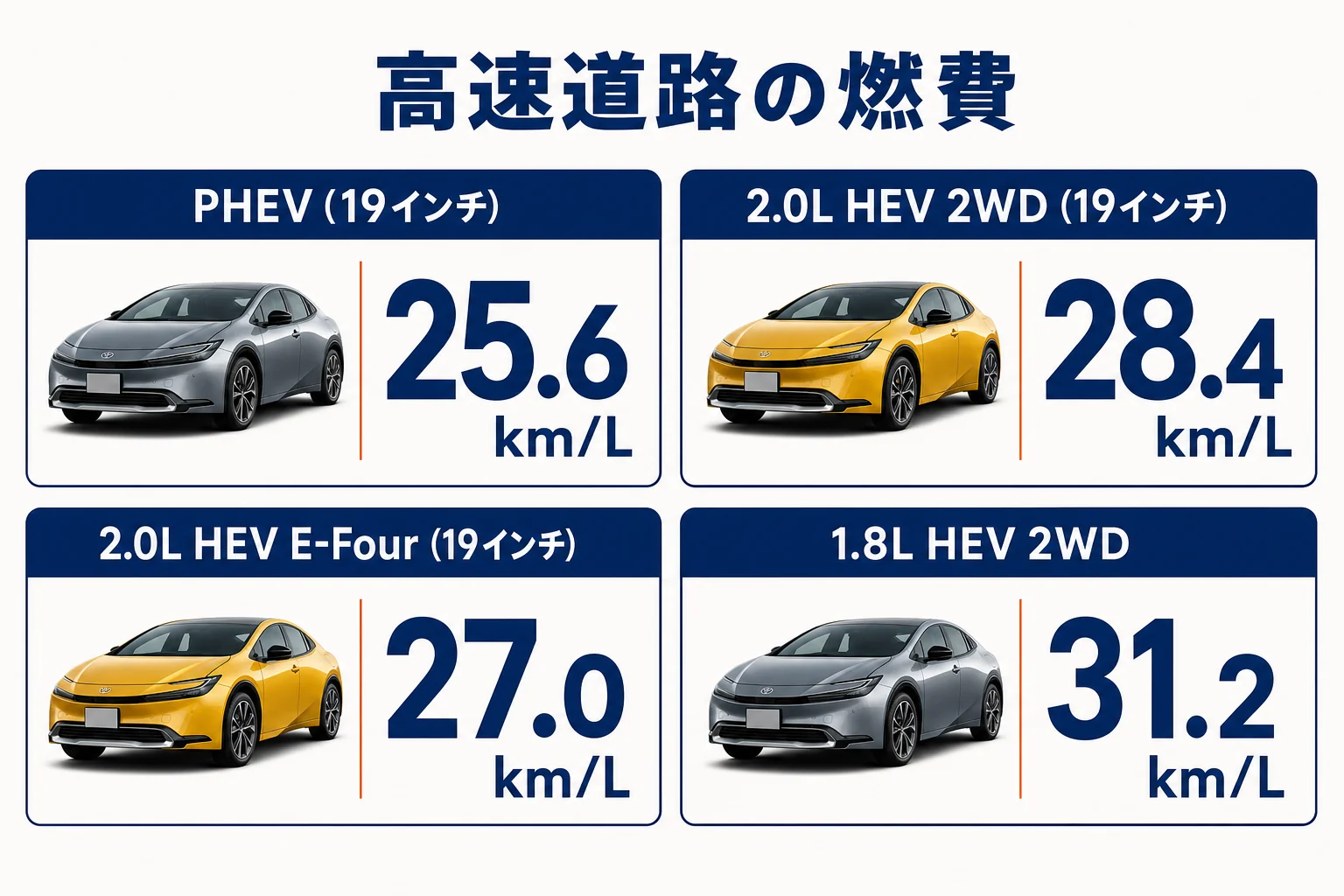 プリウスの高速道路でのWLTC高速モード燃費をパワートレイン別に比べた図解