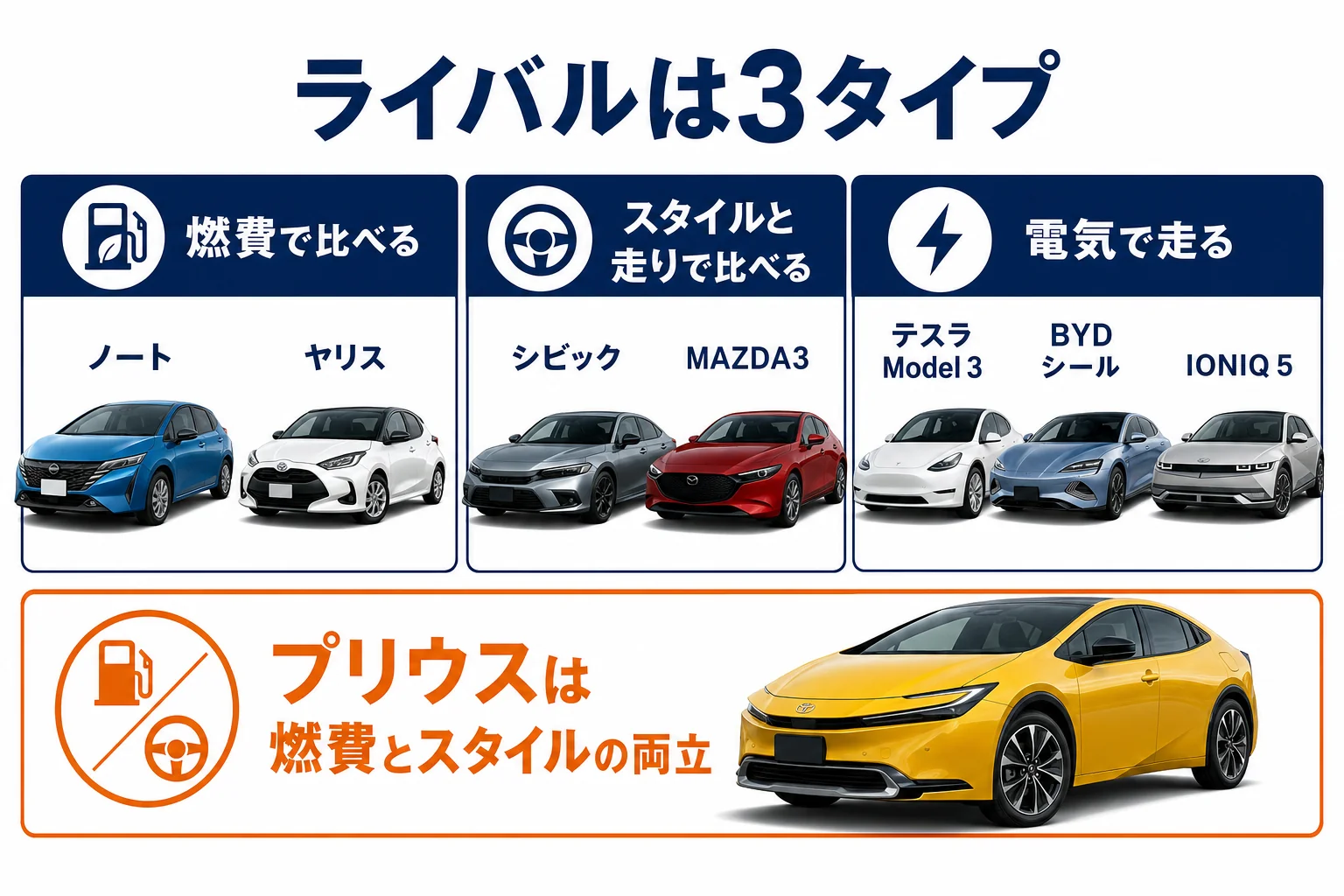 プリウスのライバル車を3つのタイプに分けた図解