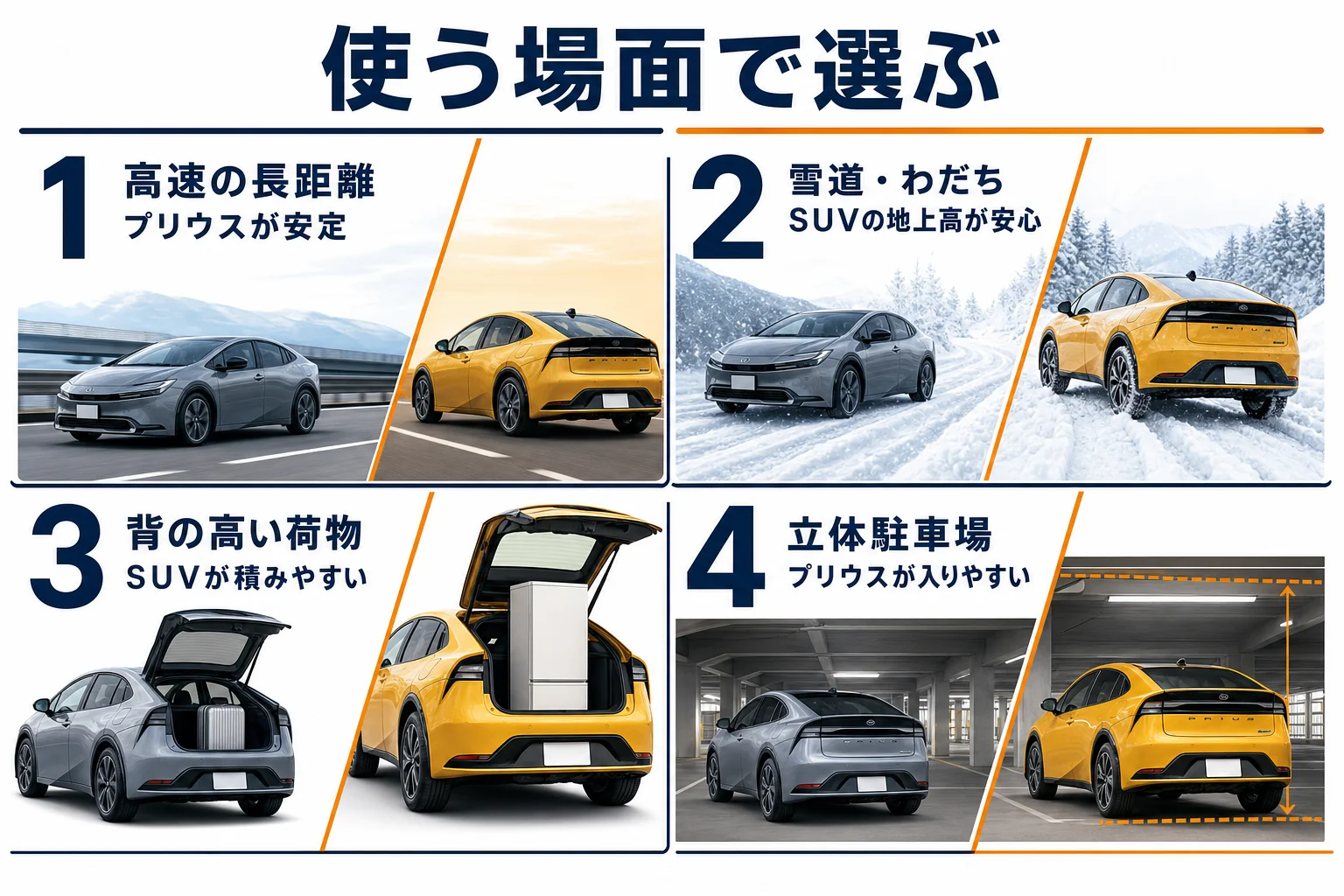 プリウスとSUVを使う場面で比べた図解